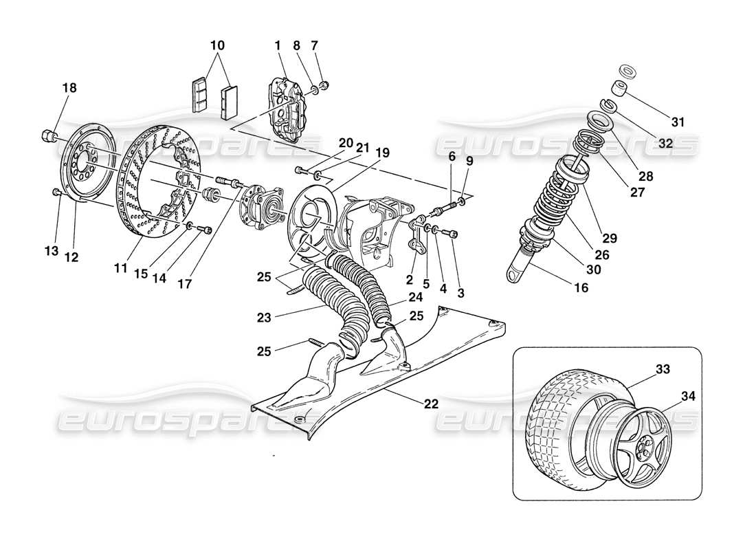 ferrari 355 challenge (1999) frenos - amortiguadores - tomas de aire traseras - diagrama de piezas de ruedas