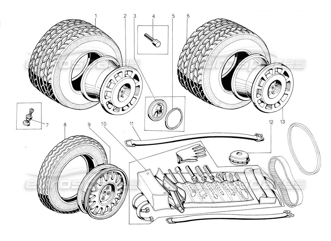lamborghini jalpa 3.5 (1984) kit de herramientas, neumáticos y llantas diagrama de piezas