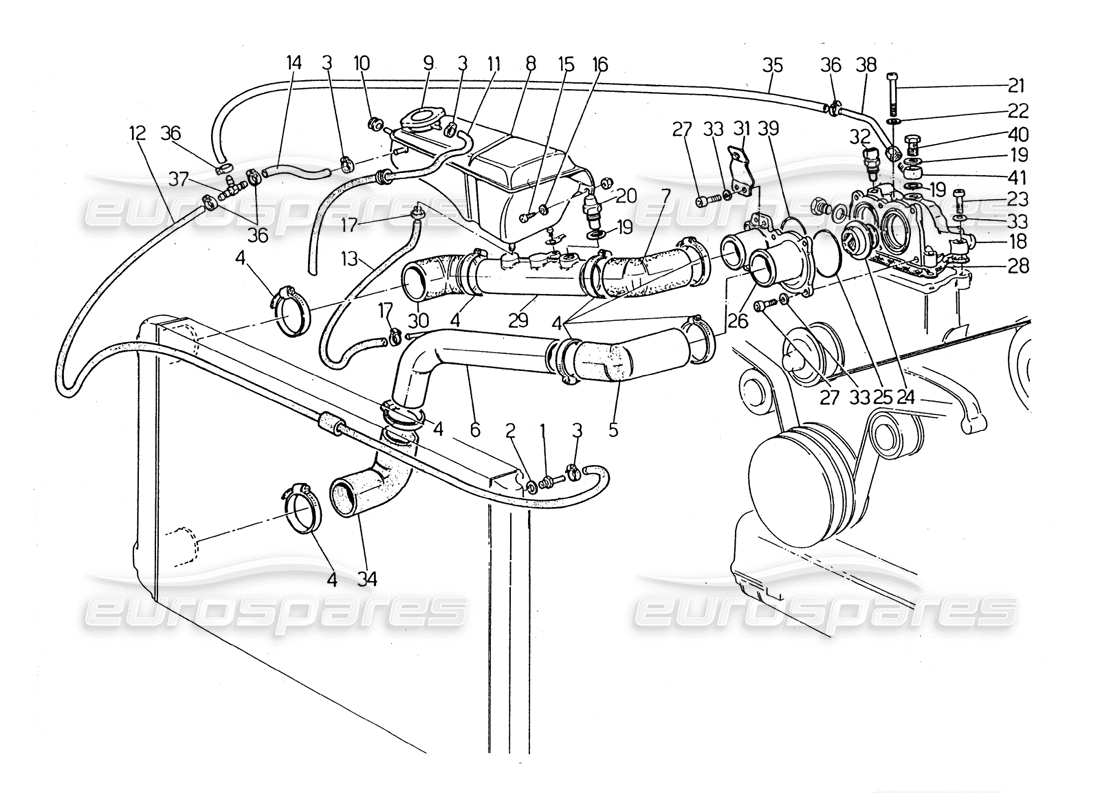 maserati 2.24v diagrama de piezas del termostato y tuberías de refrigeración del motor