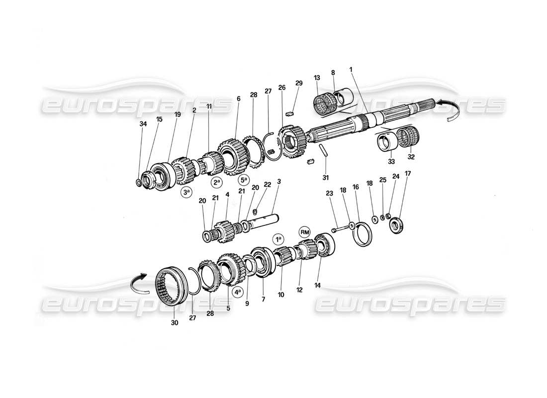 ferrari testarossa (1987) diagrama de piezas de engranajes del eje principal