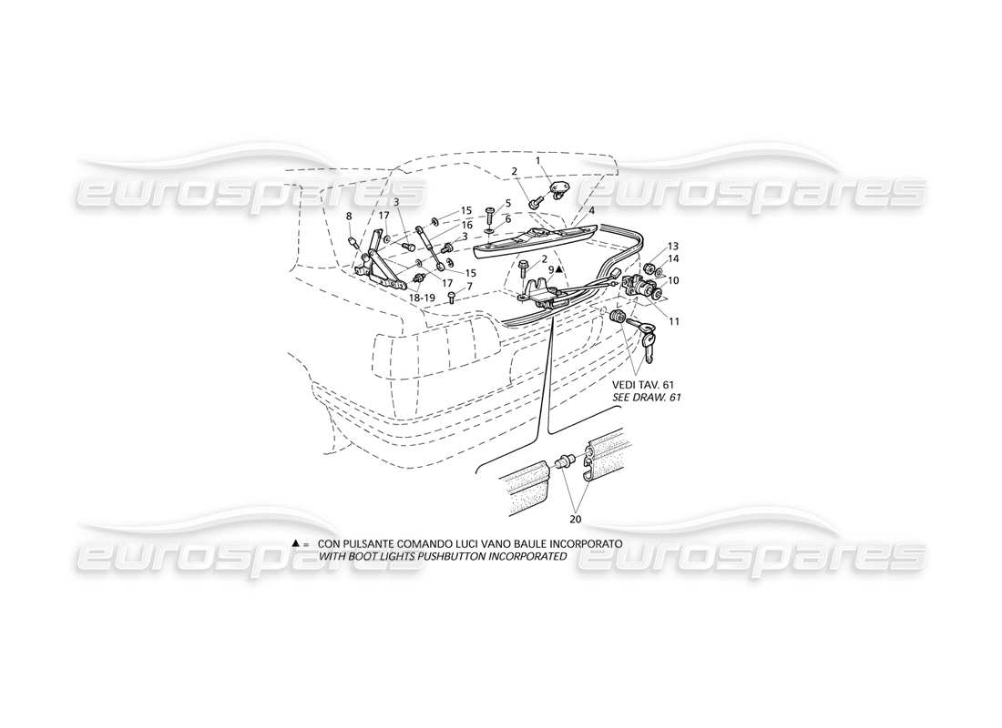 maserati qtp v8 evoluzione tapa del maletero: bisagras, diagrama de piezas de liberación de la tapa del maletero