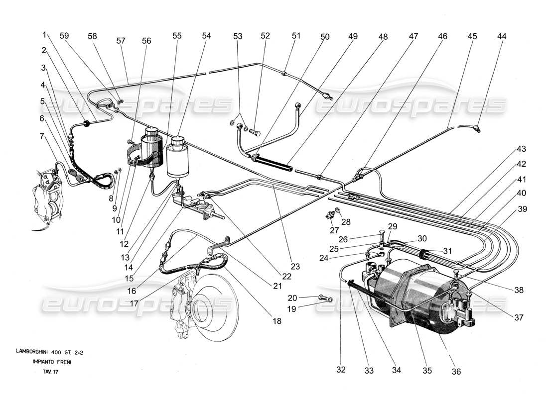lamborghini 400 gt diagrama de piezas del sistema de frenos
