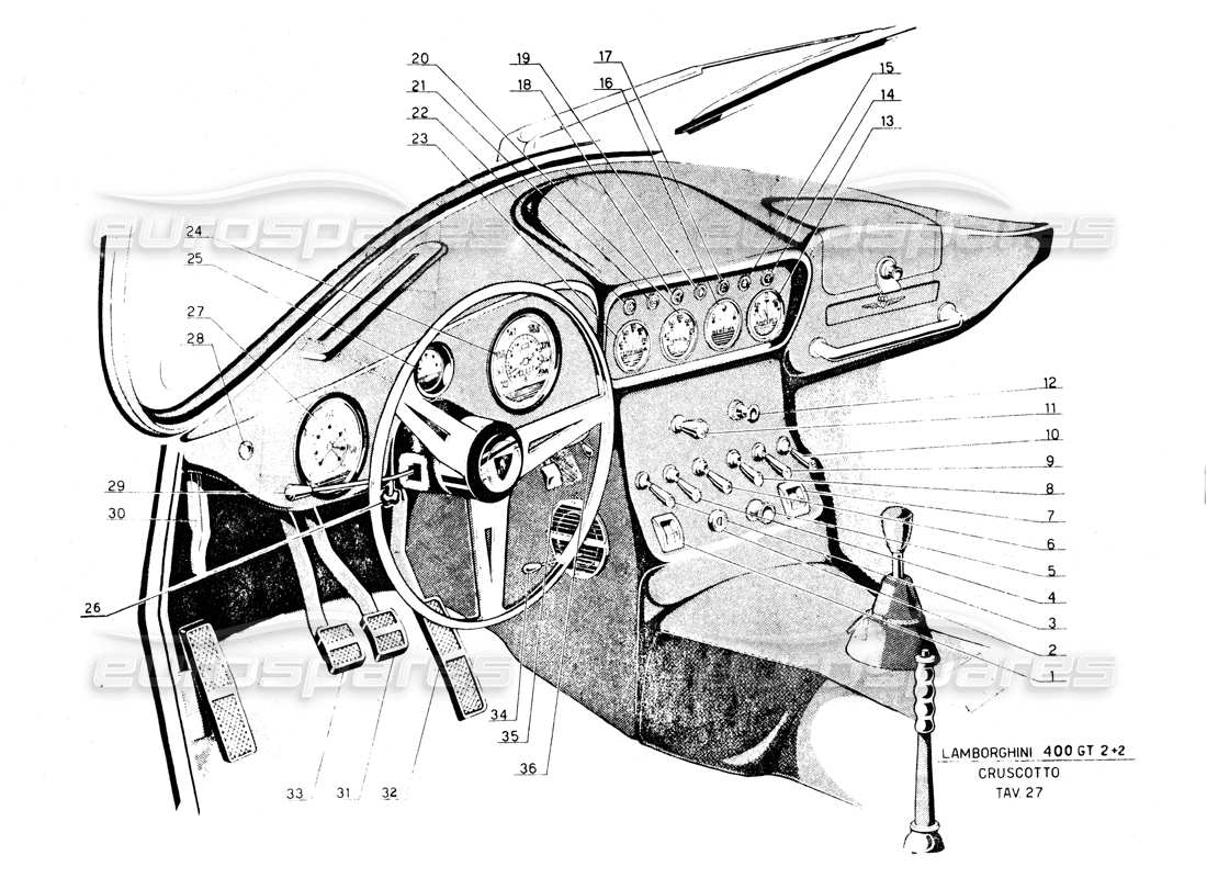 lamborghini 400 gt diagrama de piezas de sellos interiores y de goma