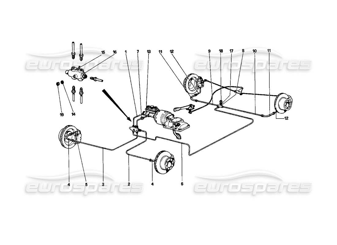 ferrari 208 turbo (1982) diagrama de piezas del sistema de frenos