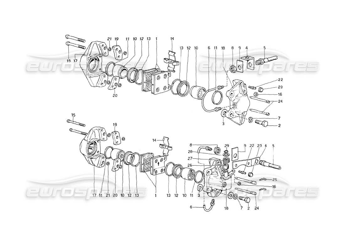 ferrari 208 gt4 dino (1975) diagrama de piezas de pinzas para frenos delanteros y traseros