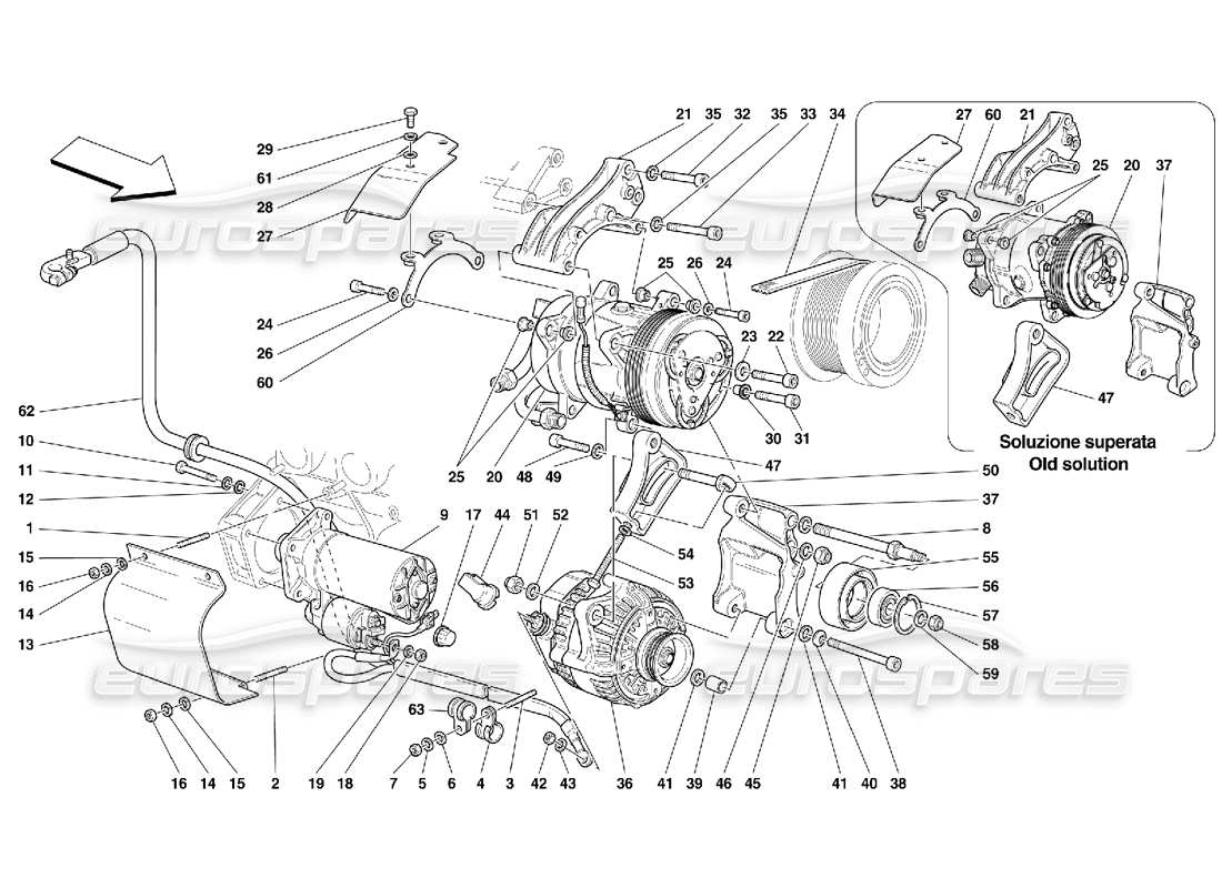 ferrari 456 gt/gta diagrama de piezas del motor de arranque del alternador y del compresor de ca
