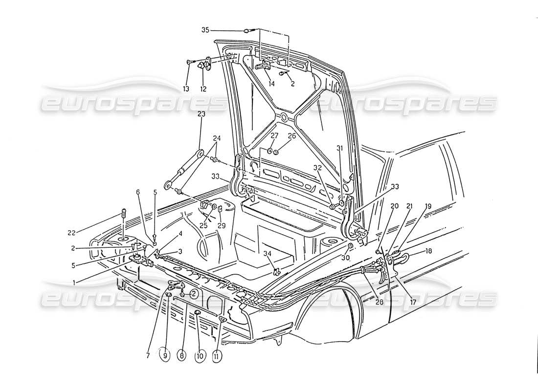 maserati 222 / 222e biturbo capó: diagrama de piezas de liberación del capó y bisagras