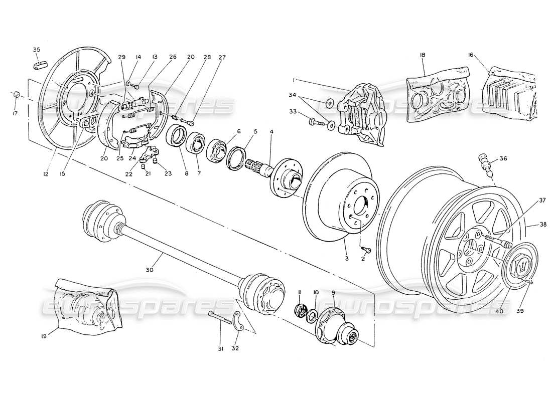 maserati ghibli 2.8 (non abs) diagrama de piezas de ruedas traseras, bujes, frenos y semiejes