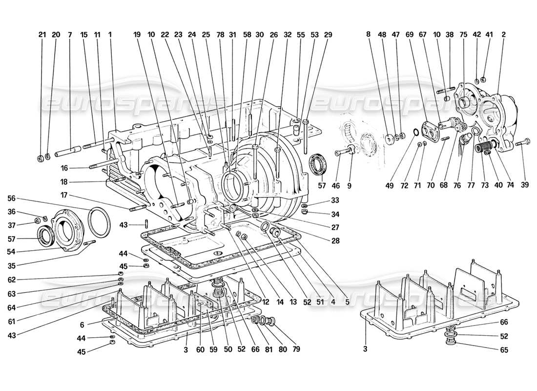 ferrari 328 (1988) caja de cambios: diagrama de piezas de la carcasa del diferencial y de la bomba de aceite