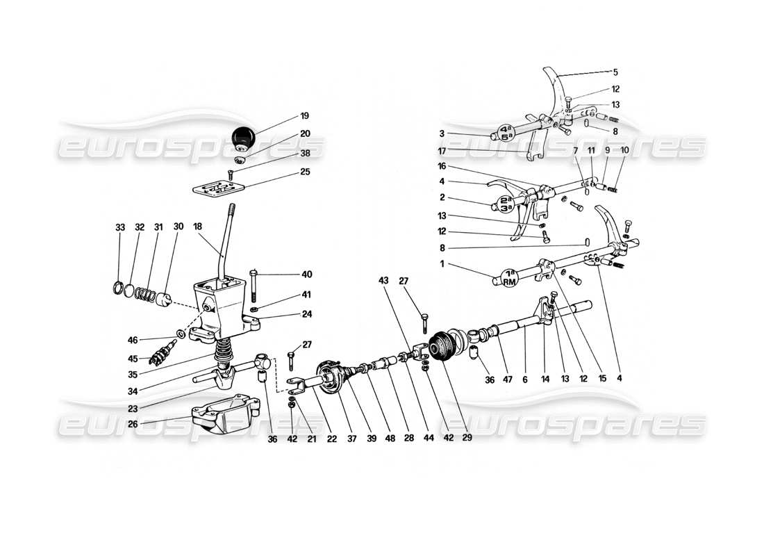 ferrari 512 bbi diagrama de piezas de los controles de la caja de cambios