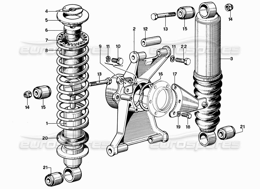 ferrari 365 gt 2+2 (mechanical) suspensión trasera: diagrama de piezas del amortiguador y de la unidad autonivelante