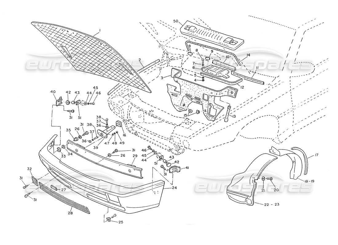 maserati ghibli 2.8 (non abs) diagrama de piezas de moldura interna del capó y parachoques delantero