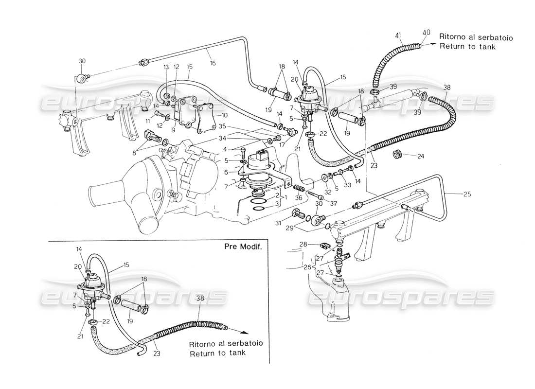 maserati biturbo spider sistema de inyección - diagrama de piezas accesorios