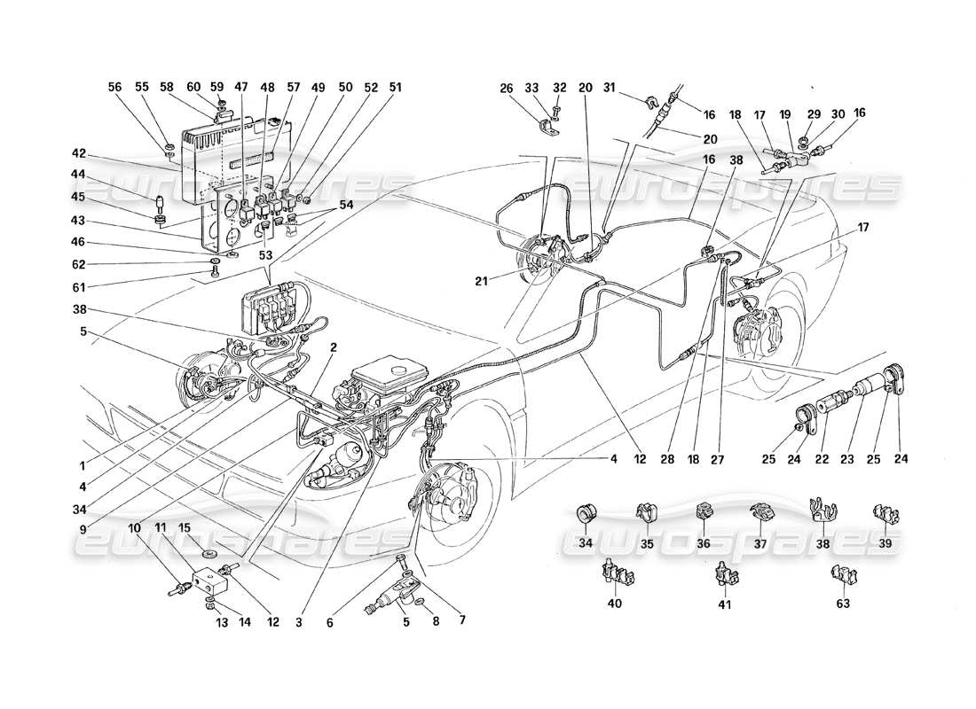 ferrari 348 (1993) tb / ts sistema de frenos (con antideslizante) diagrama de piezas