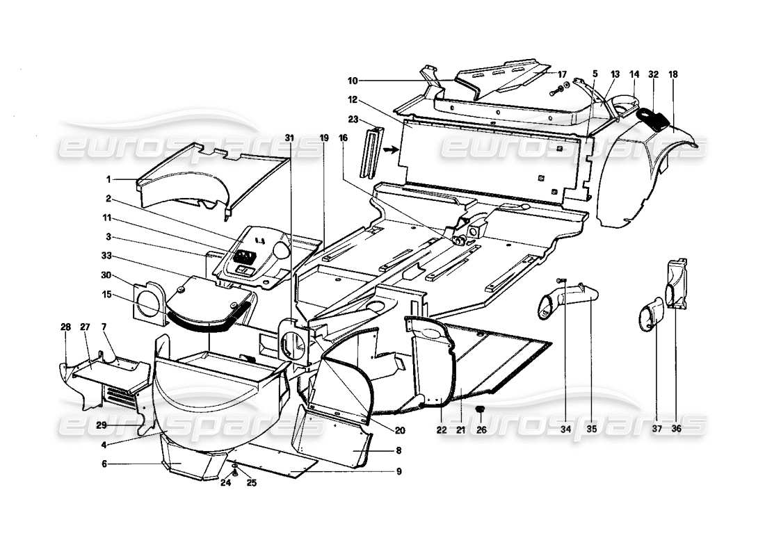 ferrari 208 turbo (1982) carrocería - elementos internos diagrama de piezas