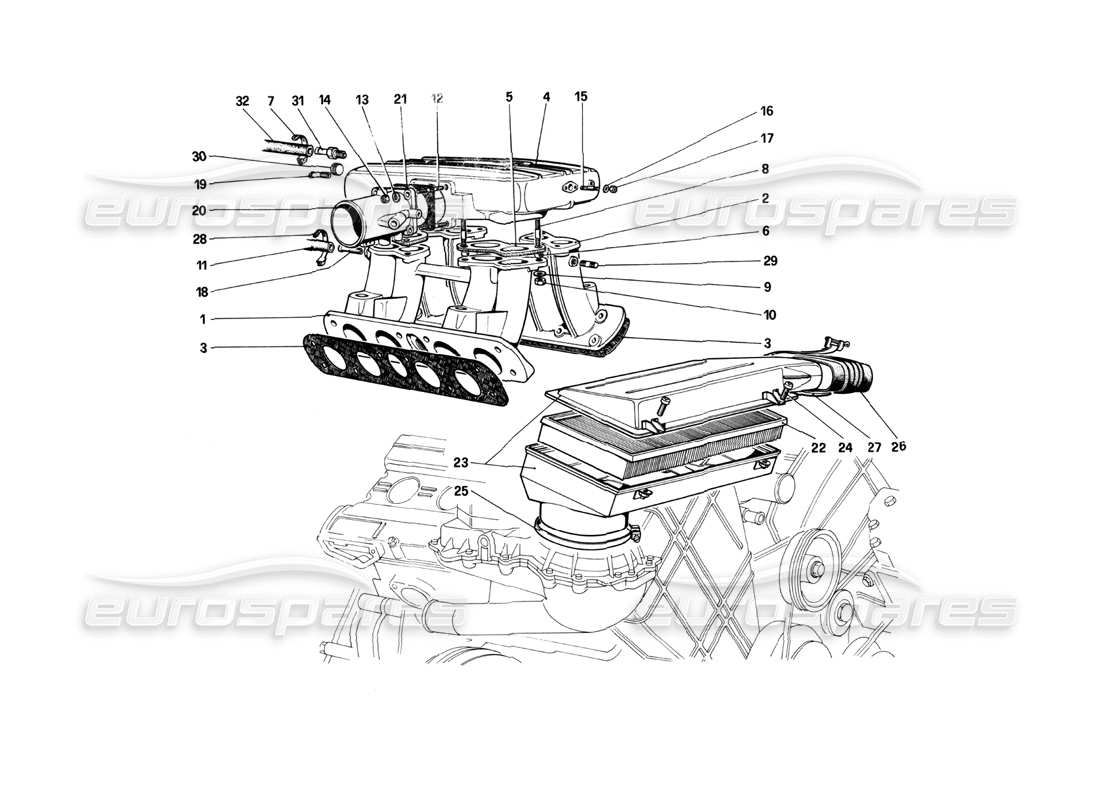 ferrari 208 turbo (1982) diagrama de piezas de colectores y admisión de aire