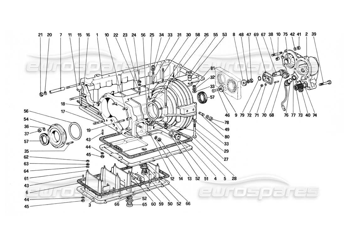 ferrari 208 turbo (1982) caja de cambios - diagrama de piezas de caja de diferencial y cárter de aceite