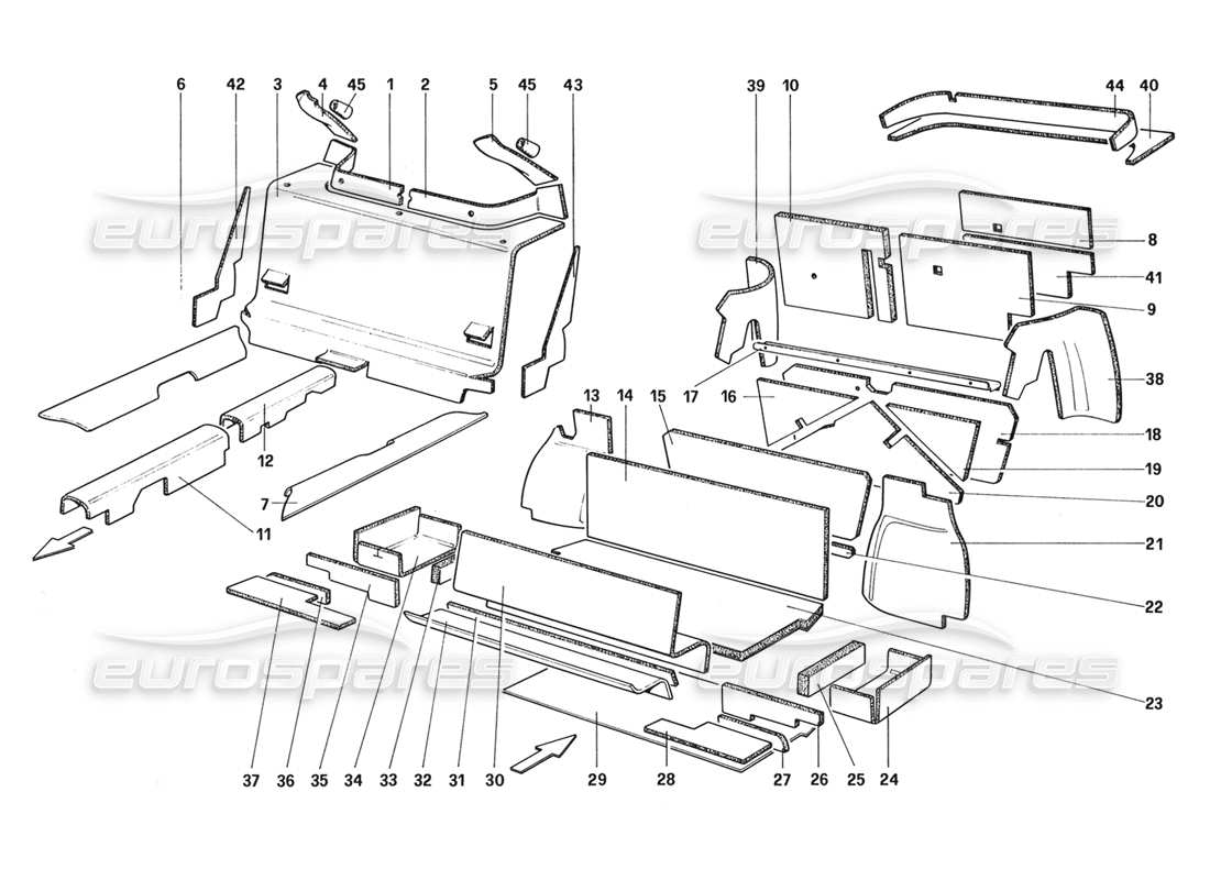 ferrari 328 (1988) luggage and passenger compartment insulation (from car no. 66967 - not for us - aus - ch87 - sa - j) part diagram