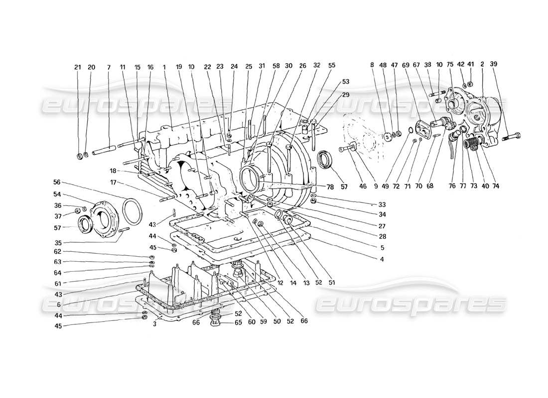 ferrari mondial 3.0 qv (1984) caja de cambios - diagrama de piezas de caja de diferencial y cárter de aceite