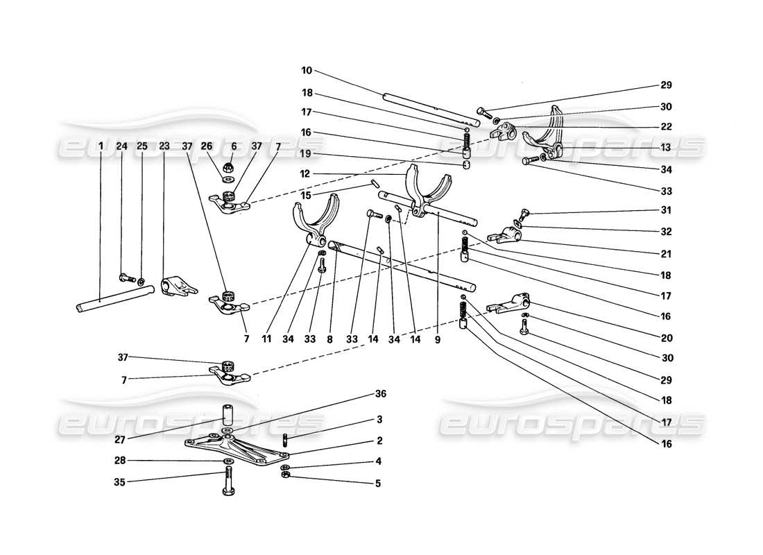 ferrari 328 (1988) diagrama de piezas de los controles internos de la caja de cambios