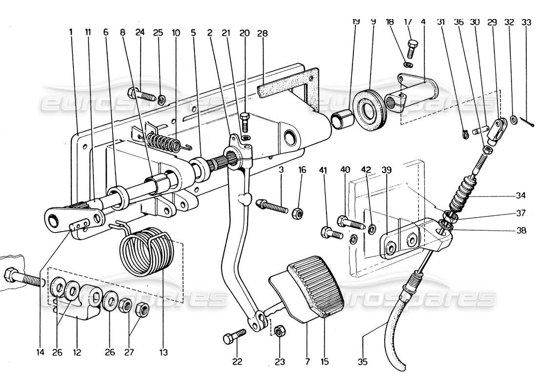 ferrari 365 gt4 2+2 (1973) tablero de pedales - diagrama de piezas de control del embrague