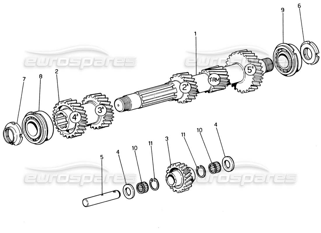 ferrari 365 gt4 2+2 (1973) diagrama de piezas de engranajes del eje principal