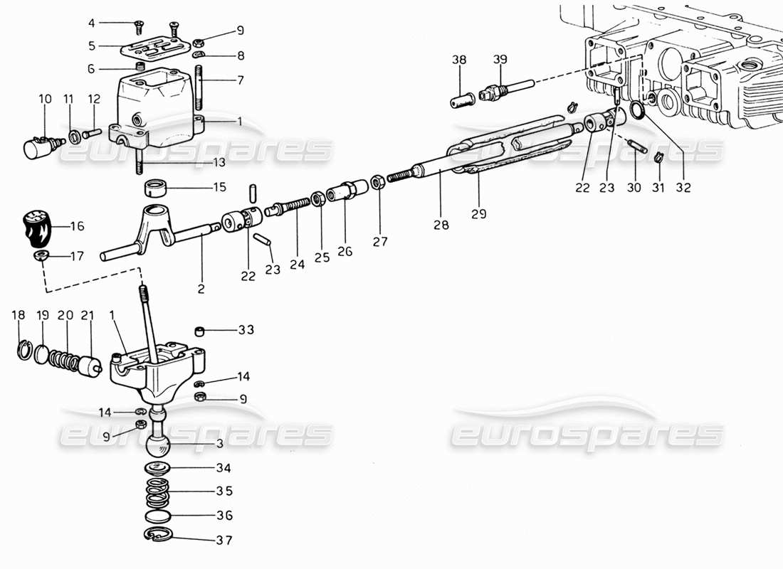 ferrari 206 gt dino (1969) diagrama de piezas de los controles exteriores de la caja de cambios