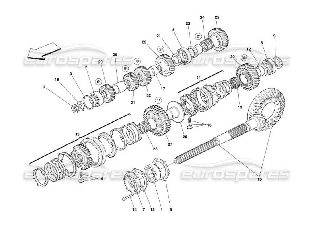 ferrari 575 superamerica diagrama de piezas de engranajes del eje de apoyo