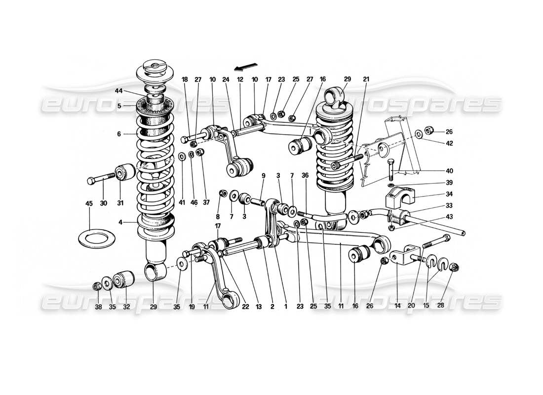 ferrari 512 bbi suspensión trasera: diagrama de piezas de horquillas y amortiguadores