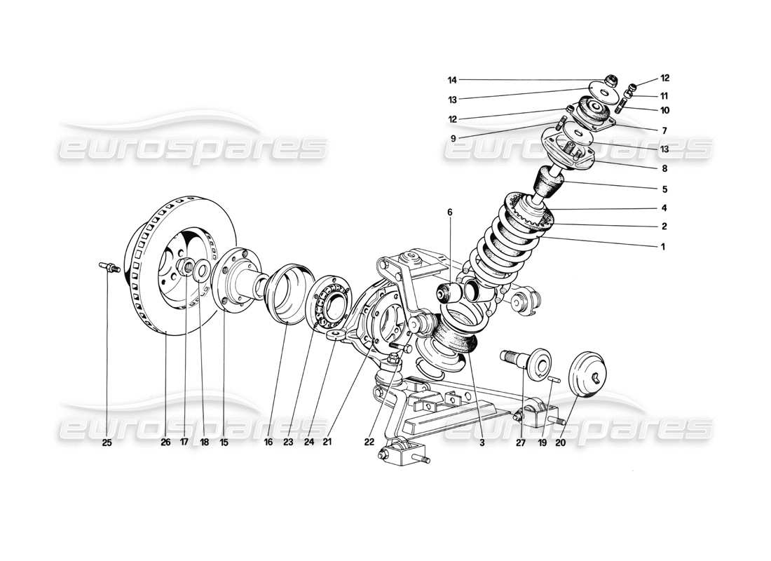 ferrari mondial 3.0 qv (1984) suspensión delantera - amortiguador y disco de freno diagrama de piezas
