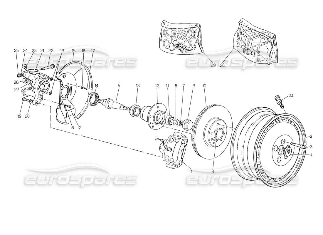 maserati karif 2.8 diagrama de piezas de ruedas, bujes y frenos delanteros