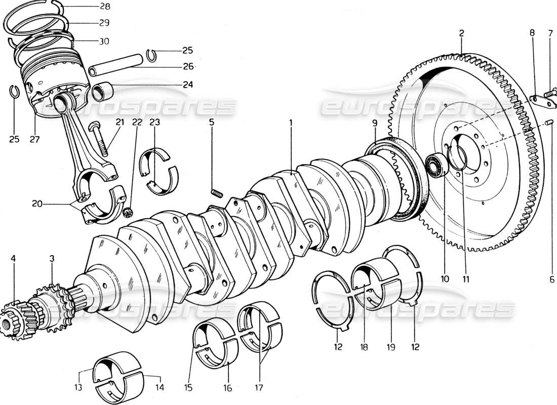 ferrari 365 gt4 2+2 (1973) diagrama de piezas del cigüeñal, bielas y pistones