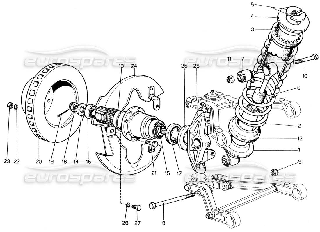 ferrari 365 gt4 2+2 (1973) suspensión delantera - diagrama de piezas del amortiguador