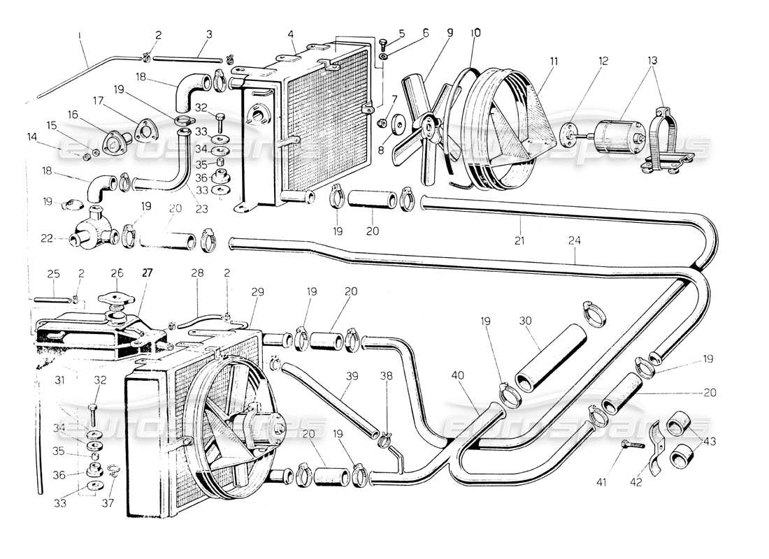 lamborghini countach lp400 sistema de radiador y refrigerante diagrama de piezas