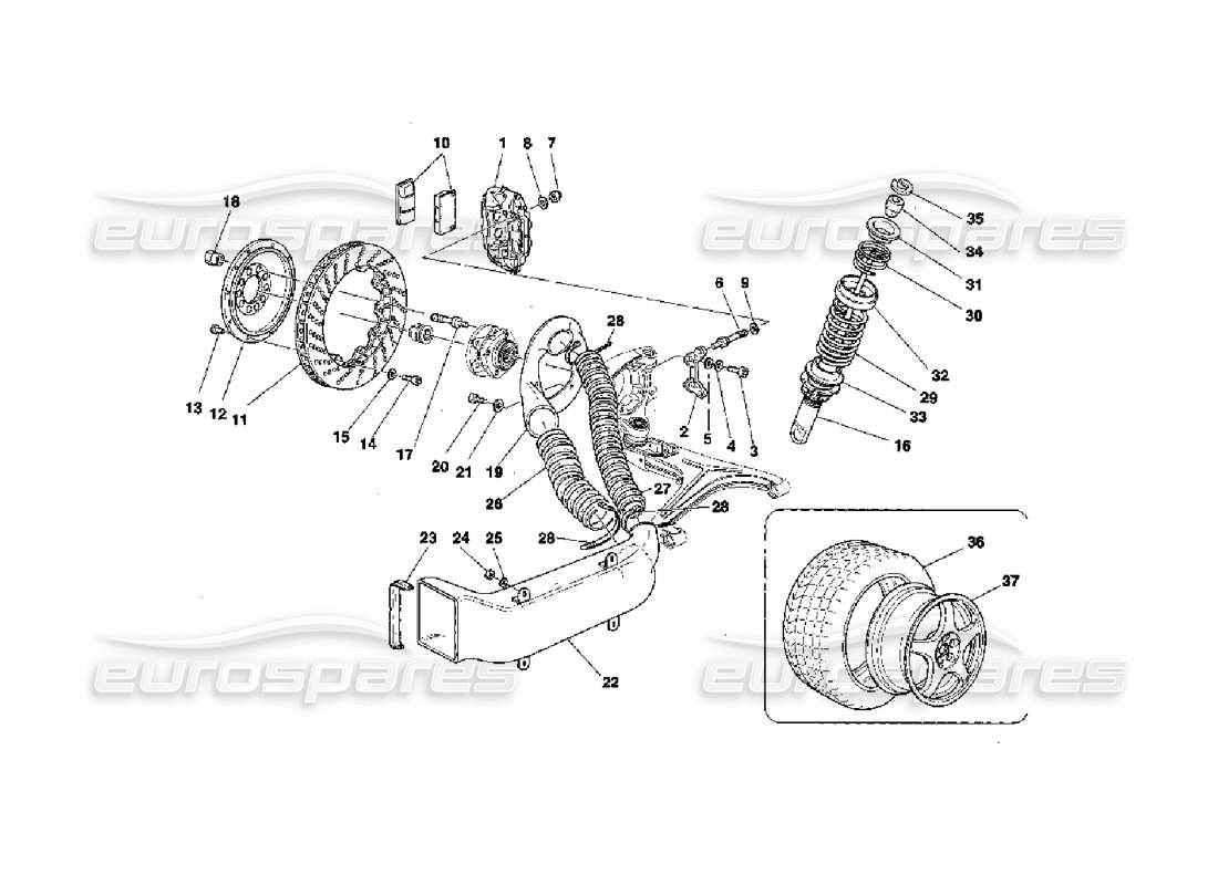 ferrari 355 challenge (1996) frenos - amortiguadores - toma de aire delantera - diagrama de piezas de ruedas