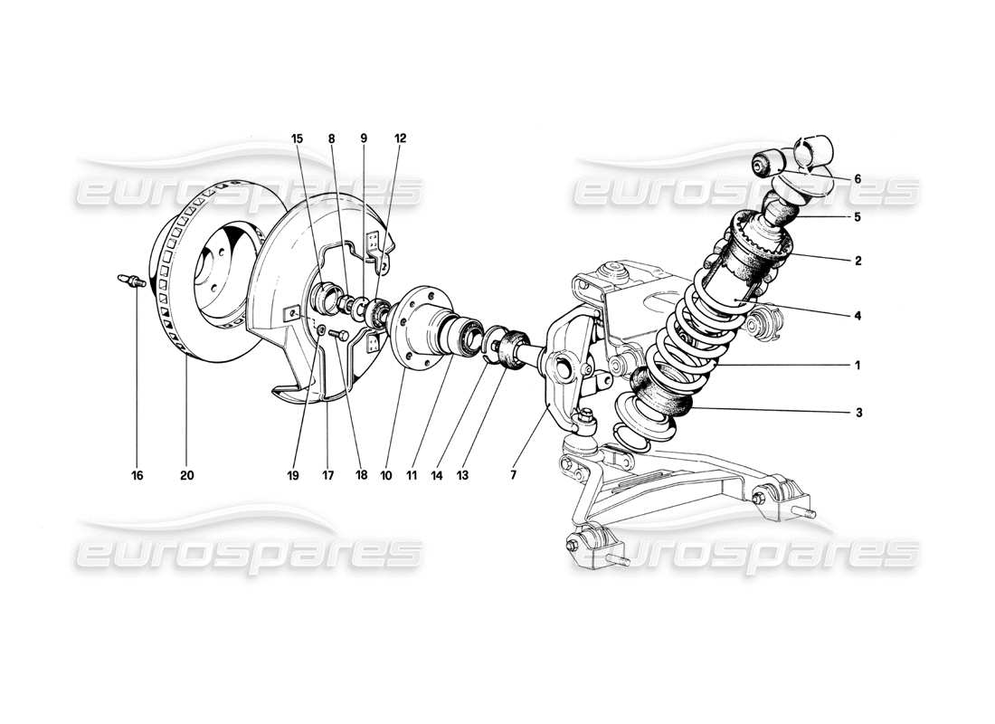 ferrari 208 turbo (1982) suspensión delantera - amortiguador y disco de freno diagrama de piezas