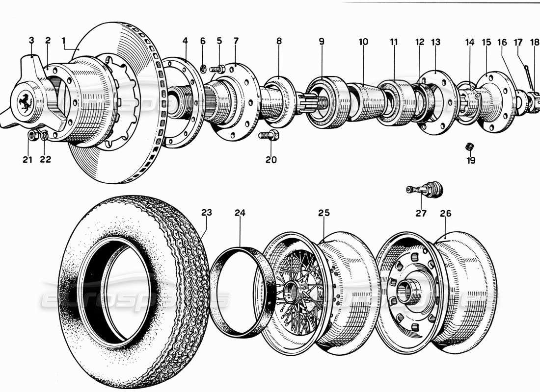 ferrari 365 gt 2+2 (mechanical) diagrama de piezas de rueda y disco de freno trasero