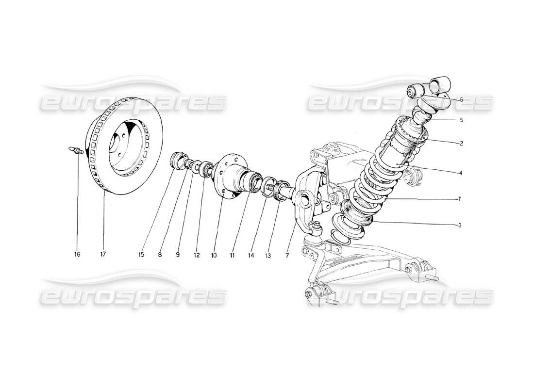 ferrari 208 gt4 dino (1975) suspensión delantera - amortiguador y disco de freno diagrama de piezas