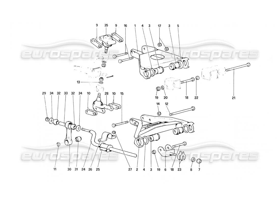 ferrari 308 quattrovalvole (1985) suspensión delantera - diagrama de piezas de horquillas