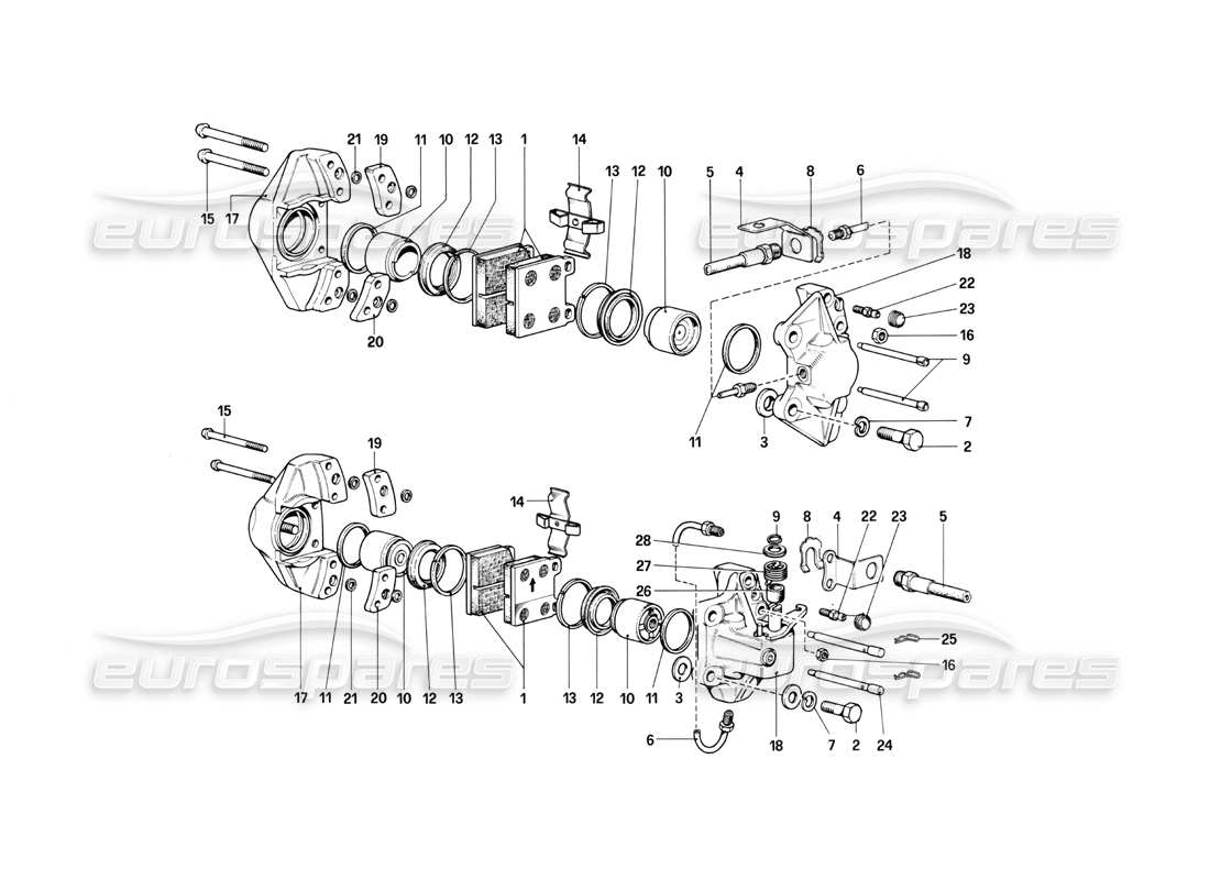 ferrari mondial 3.0 qv (1984) calibres para frenos delanteros y traseros (válidos solo para lhd hasta n.° de chasis 43011) diagrama de piezas
