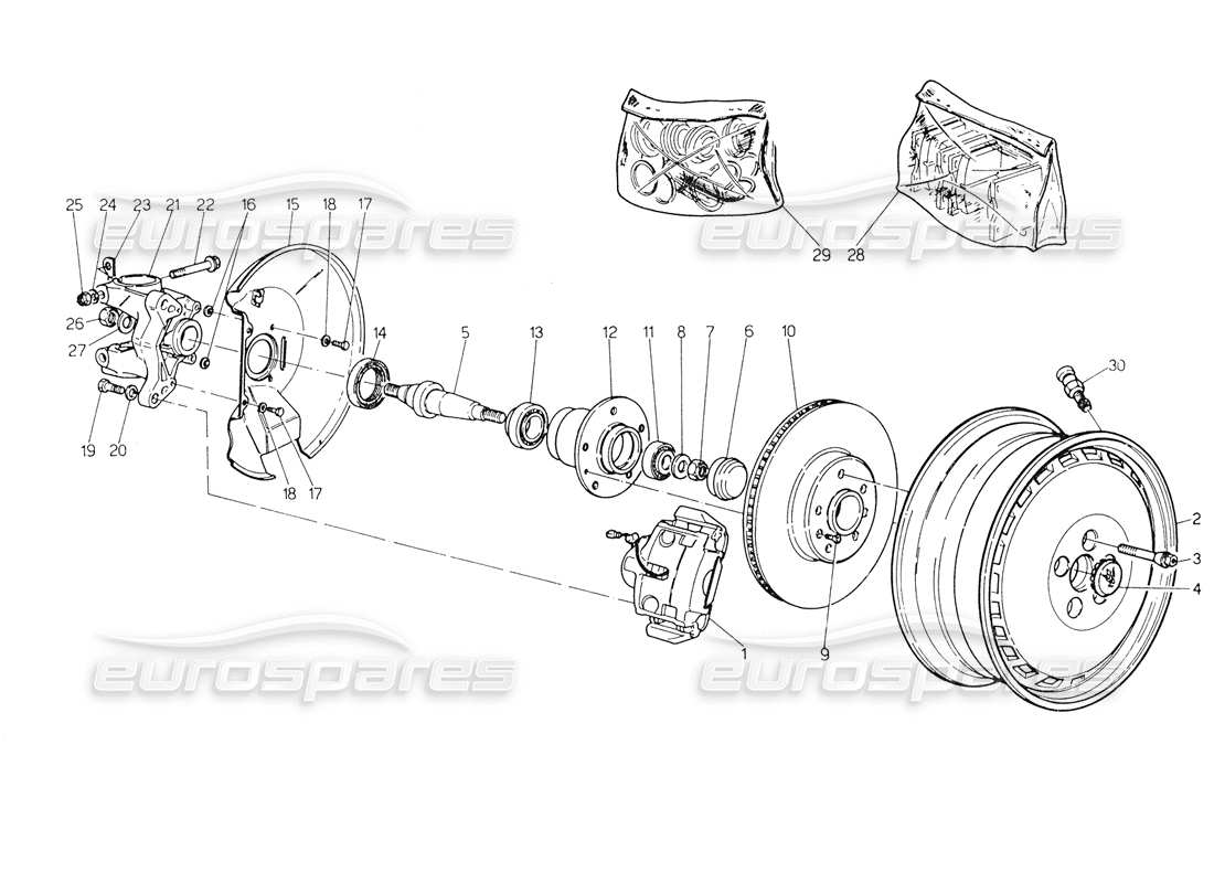 maserati biturbo spider ruedas, bujes y frenos delanteros diagrama de piezas