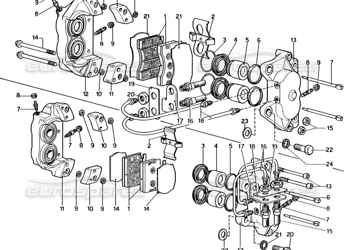 ferrari 365 gt4 2+2 (1973) diagrama de pinzas para piezas delanteras y traseras