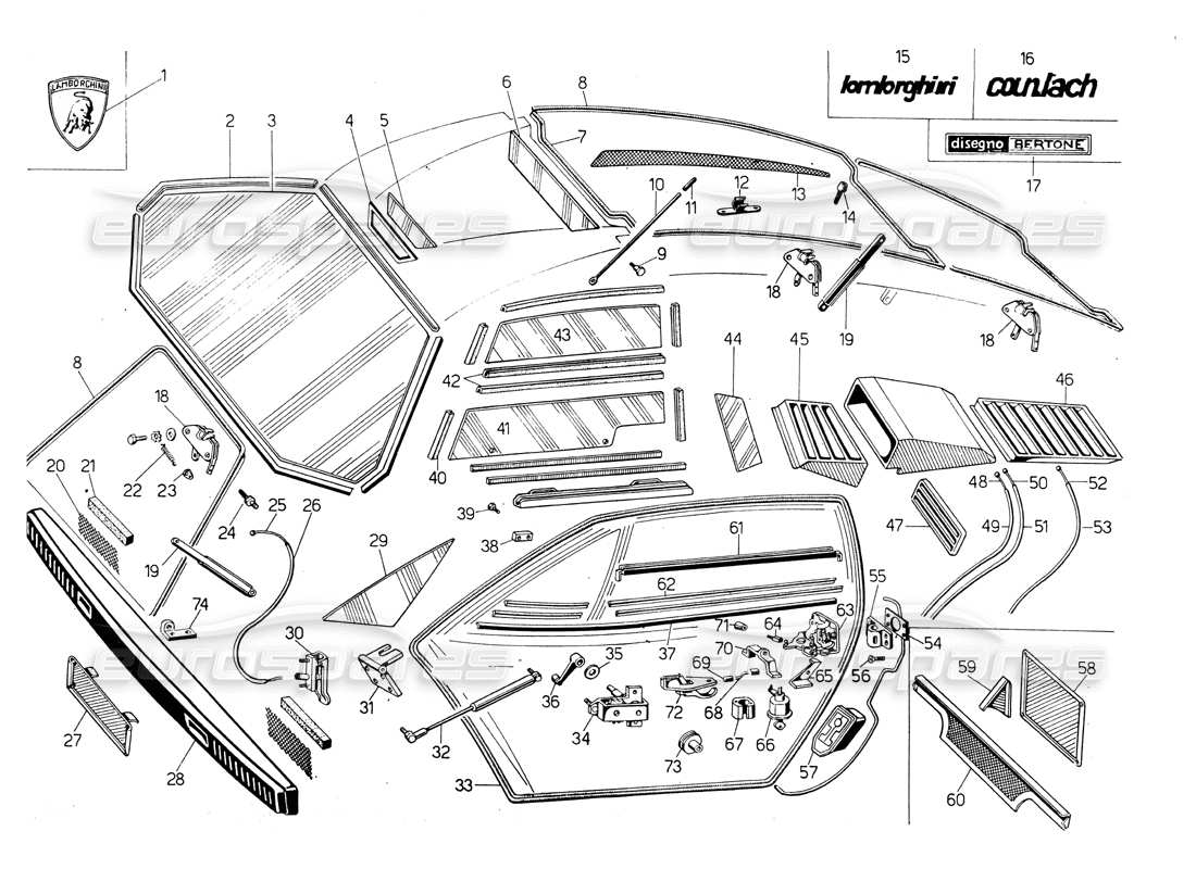 lamborghini countach lp400 glasses, gaskets and controls diagrama de piezas