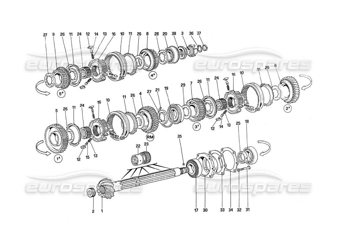 ferrari 288 gto diagrama de piezas de engranajes del eje de apoyo