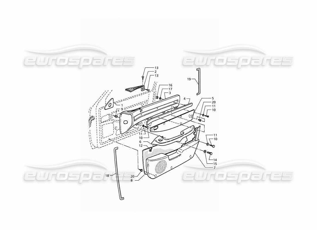 maserati qtp. 3.2 v8 (1999) adornos interiores: diagrama de piezas de los paneles de las puertas delanteras