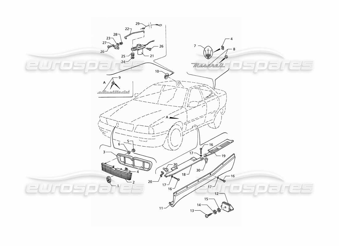 maserati qtp v8 (1998) acabado exterior - insignias diagrama de piezas