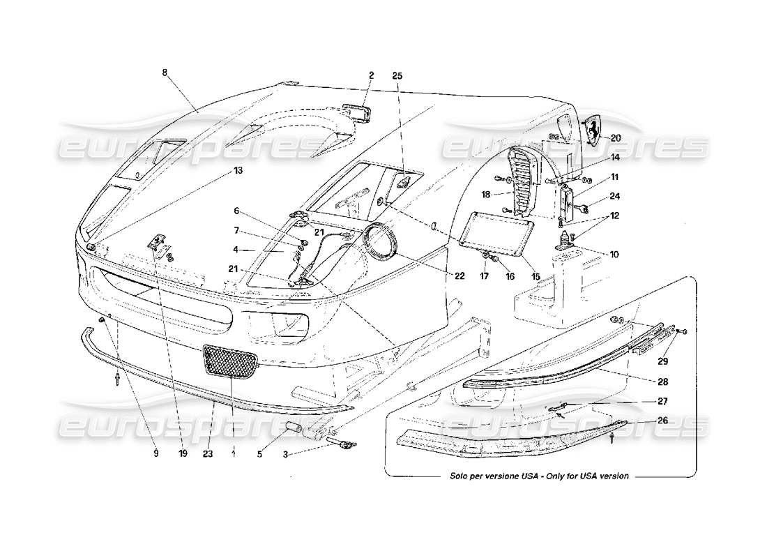 ferrari f40 diagrama de piezas del capó delantero