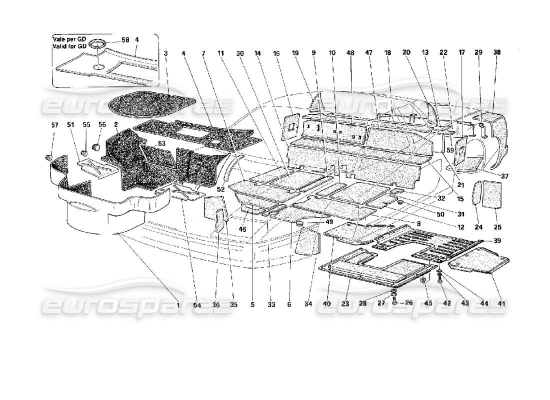 ferrari 512 tr alfombra para maletero y paneles aislantes. diagrama de piezas