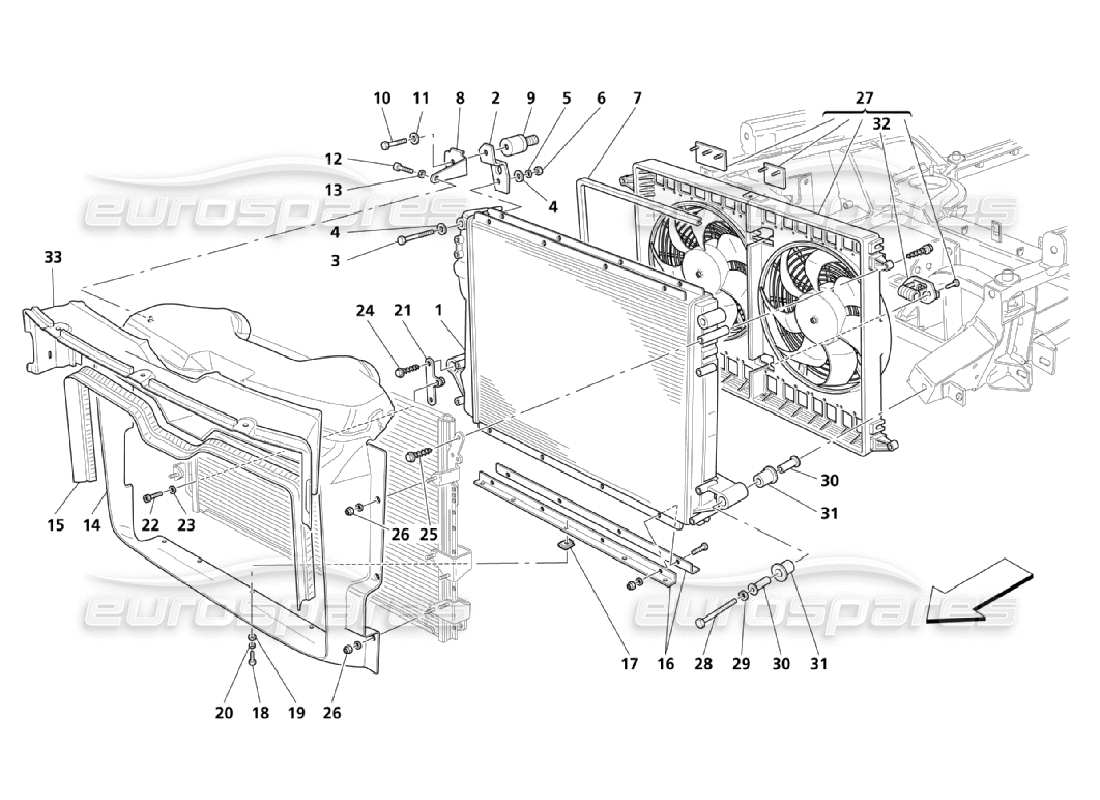 maserati qtp. (2006) 4.2 sistema de refrigeración: diagrama de piezas de radiadores y transportadores de aire