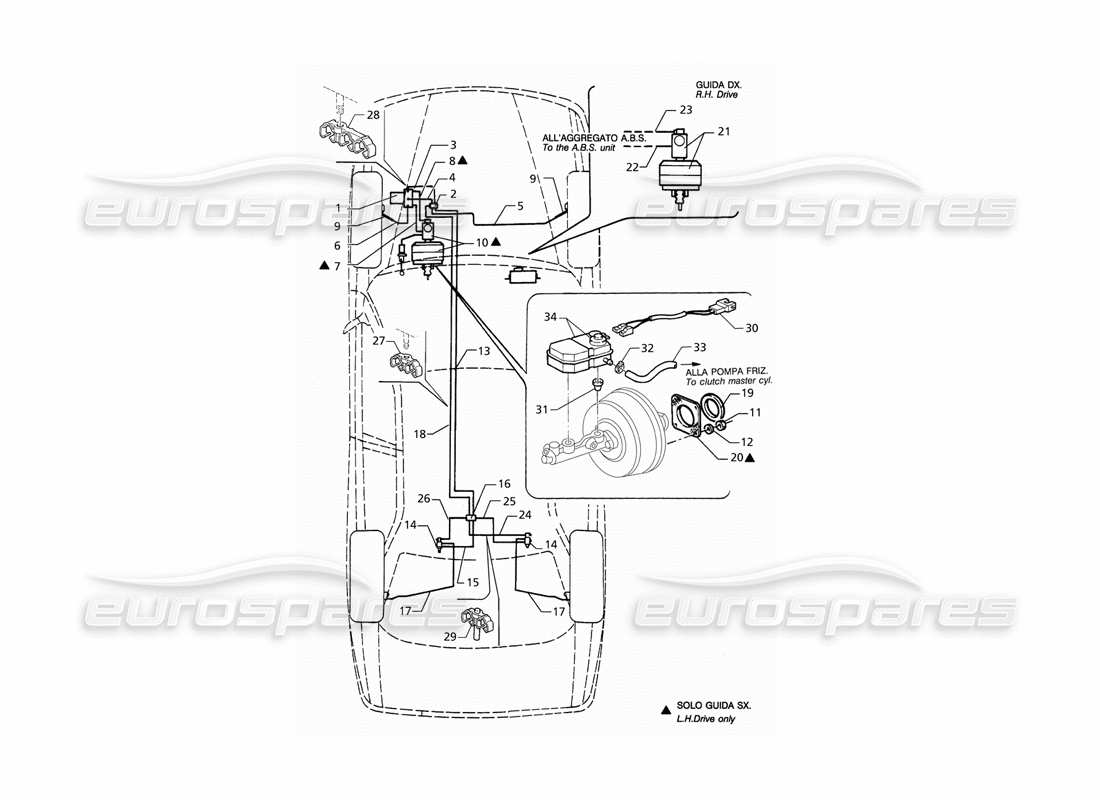 maserati qtp. 3.2 v8 (1999) diagrama de piezas de las líneas de freno hidráulico abs